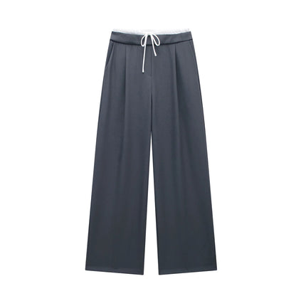 Spring Streetwear Patckwork Black Women Pants High Waist Elastic Wide Leg Long Pants Fashion Summer Bow Tie Trousers