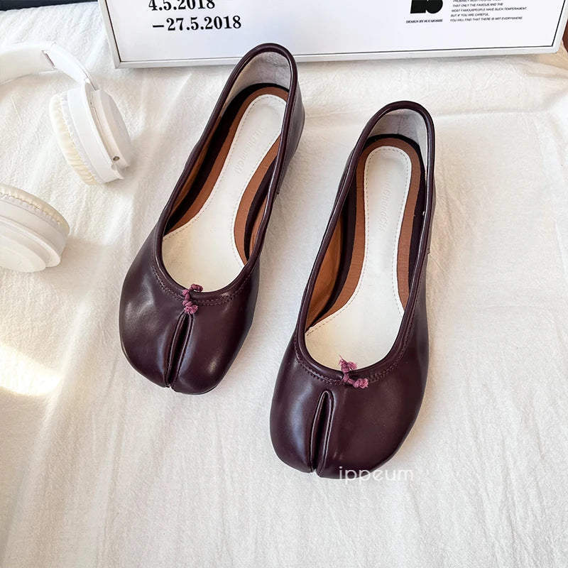 Ballerina Flats Split Toe Shoes 2024 New In Merlot Leather Mary Janes Size 44 Purple Ballet Flat Women