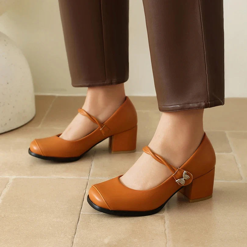 Plus Size Round Toe Thick Heel Metal Butterfly Decoration Office Lady's Shoes With Crossed Thin Straps And Shallow Mouth Pumps