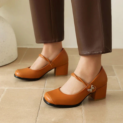 Plus Size Round Toe Thick Heel Metal Butterfly Decoration Office Lady's Shoes With Crossed Thin Straps And Shallow Mouth Pumps