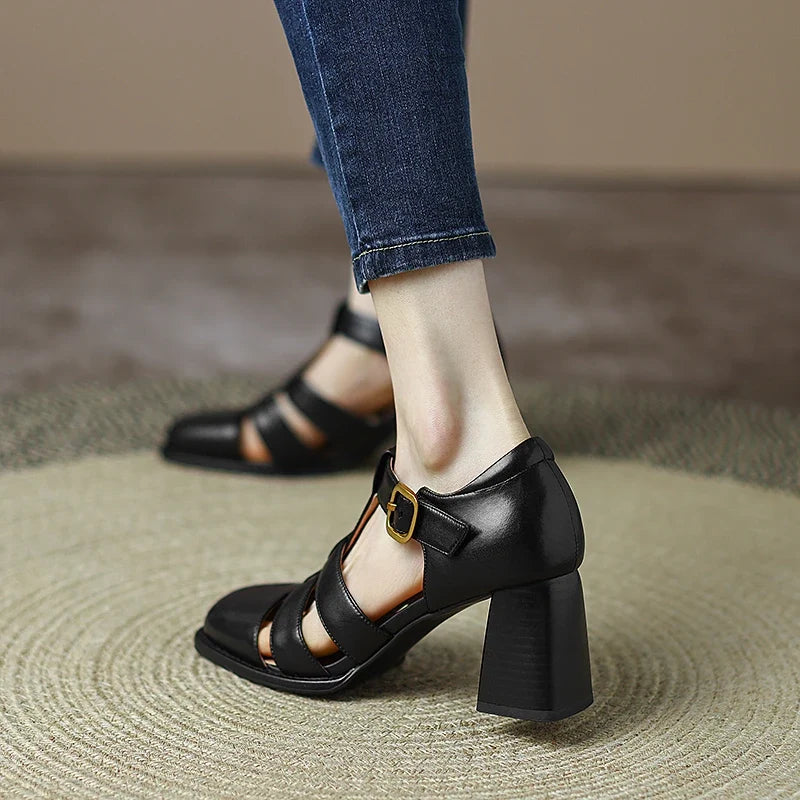 Summer Shoes Women Square Toe Cover Heel Gladiator Modern Sandals Pu Leather Chunky Heel High Heels Roman Women Sandals