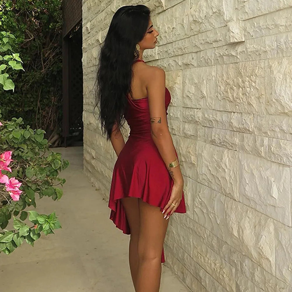 Red Stain Halter Neck Short Dress Christmas Party Evening Robe Autumn Winter Fashion Sexy Sleeveless Backless Vestidos