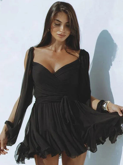 Sexy V Neck Solid Womens Dresses Pleated Hollow Out Backless Lady Dress 2024 Summer Beach Long Sleeve Casual Lady Vestidos