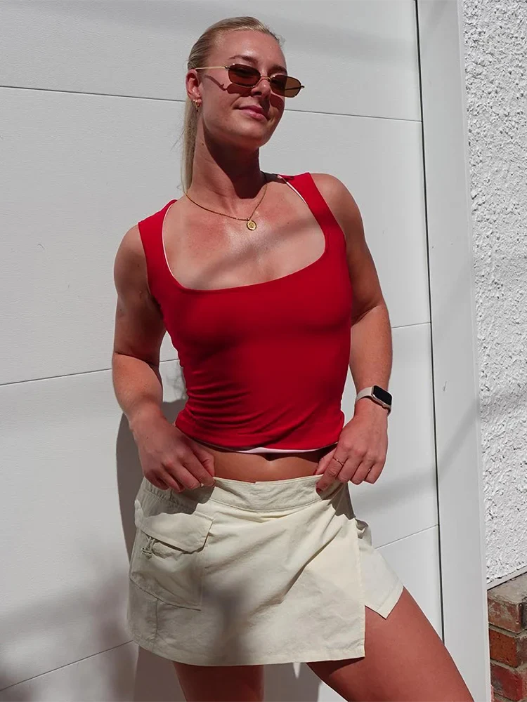Color Contrast Crop Tank Top Patchwork Solid Double Wear Slim Strap Top 2024 New Y2K Sleeveless Vest Hottie Streetwear