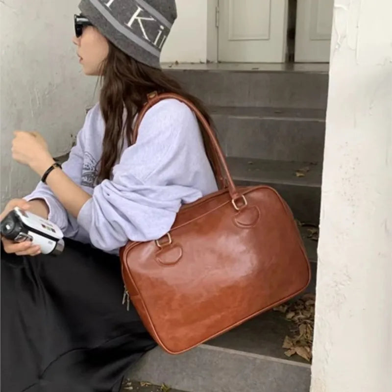Japanese Retro Brown Tote Bag Women Ladies Waxed Leather Large Capacity Handbag Ladies Preppy Style Commuter Simple Shoulder Bag