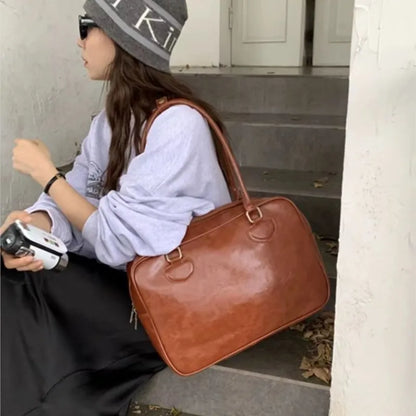 Japanese Retro Brown Tote Bag Women Ladies Waxed Leather Large Capacity Handbag Ladies Preppy Style Commuter Simple Shoulder Bag