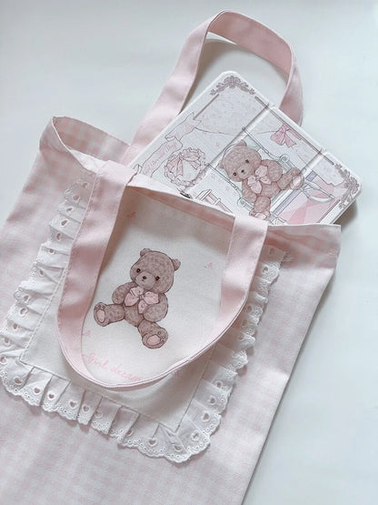 Pink Bear Shoulder Bag for Women, Large Capacity, Casual Totes, Ladies Cute Canvas Bags, Bucket Handbag, New, 2024