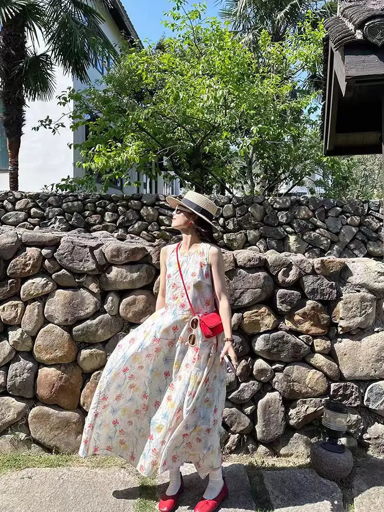 Gradient Floral Print Sleeveless Vest Dress Women's Summer Casual Cotton Long Dress Commute Style A-Line Silhouette