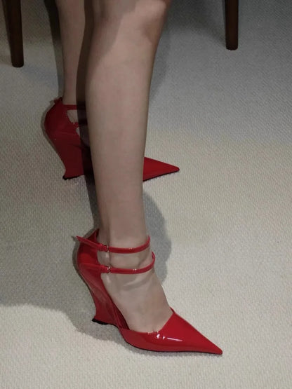 New Leopard Pattern Single Shoes Women's Bag Head Sandals Light Mouth Sexy Red High Heels Slope Heels Pointed Mary Jane Shoes