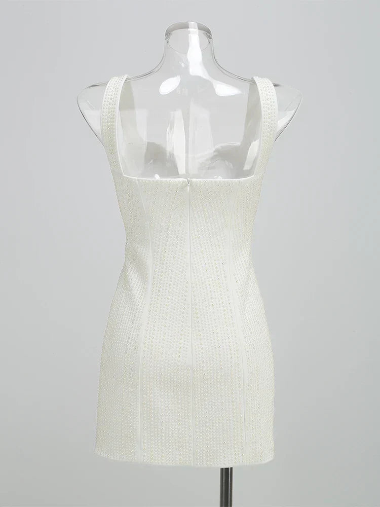 Square Neck Pearl Embellished Column Bodycon Mini Dress