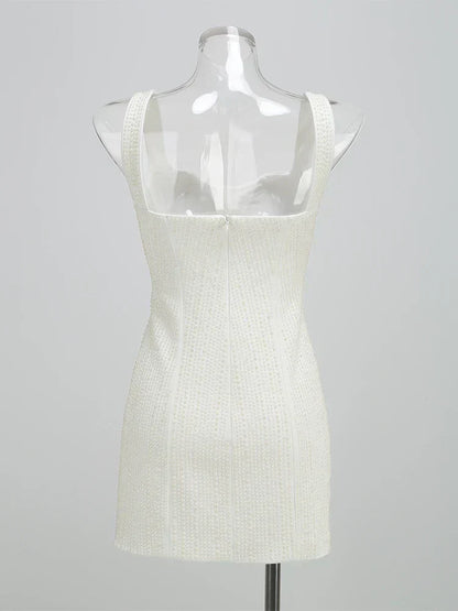Square Neck Pearl Embellished Column Bodycon Mini Dress