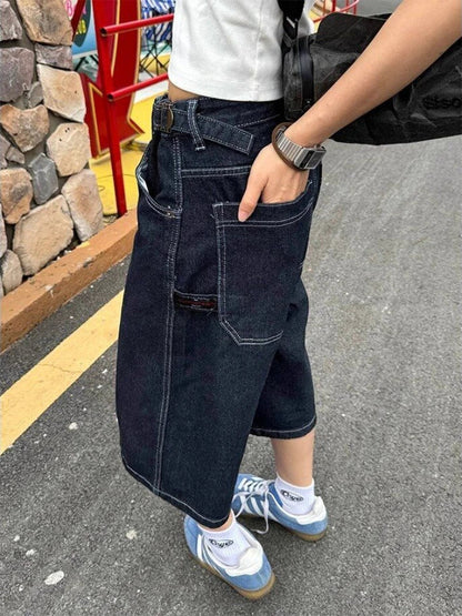 Denim Shorts Women High Waisted Harajuku Vintage Baggy Do Old Belt Straight Wide Leg Jeans Y2k Causal Half Pants Summer