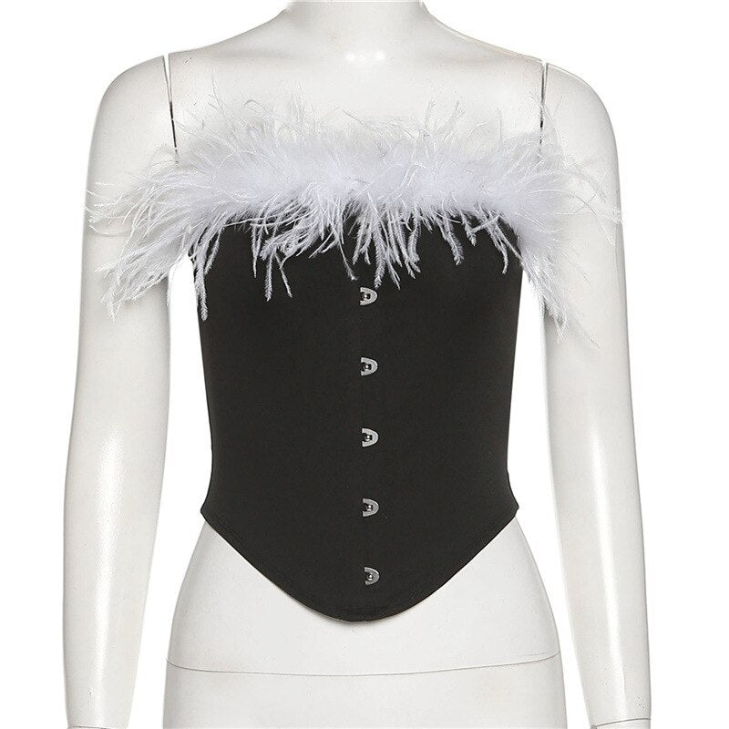 Party - Cami Corset Shoulder Feather Sleeveless Off Women's Blouse Crop Tee - Top Club Tank Top White/Black Sexy