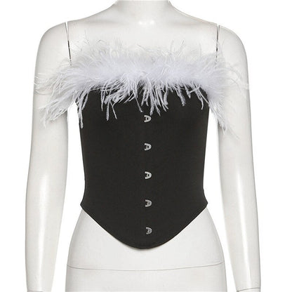 Party - Cami Corset Shoulder Feather Sleeveless Off Women's Blouse Crop Tee - Top Club Tank Top White/Black Sexy