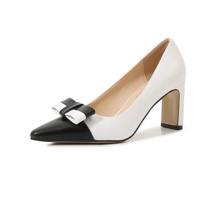 Women Newest Sweet Black And White Thick High Heels Shoes Pumps Big Bow Stilettos Pointy Toe Slip-On 35-46 28cm 7.5cm Chaussures