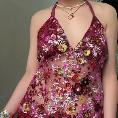 Sequins Sexy Embroidery Tank Top Women Backless Halter Fashion See Through Flower Party Vest 2025 Summer Vacation Chic Tops