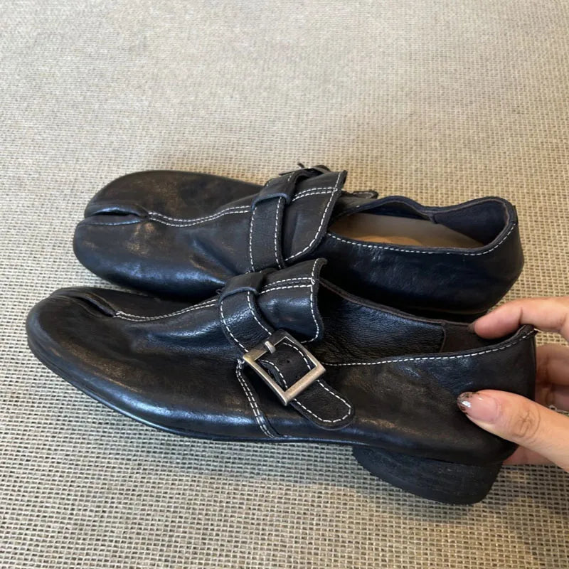 Retro Designer Split Toe Pumps Buckle Strap Women Comfort Bottom Shoes Soft Leather Outdoor Footwear Zapatos Mujer