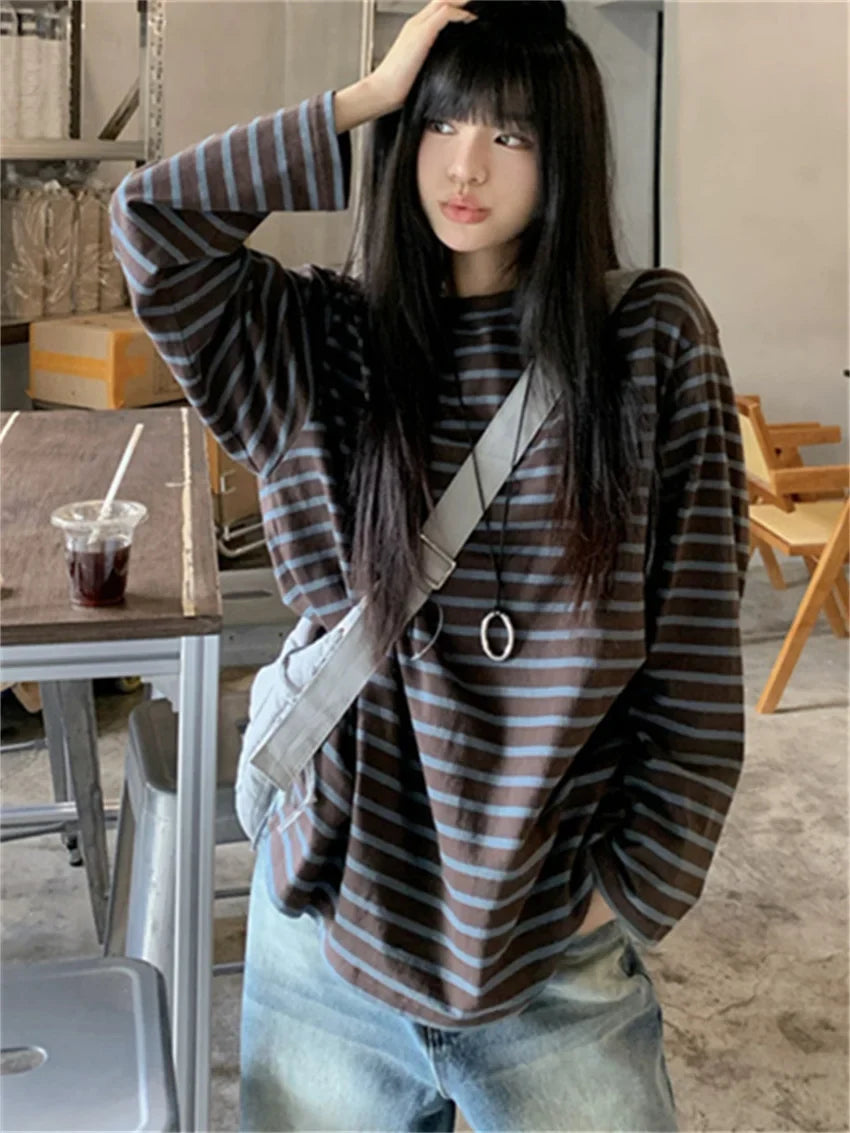 Loose Tees Stripes Vintage Streetwear All Match Fashion Oversize Full Sleeve Autumn Casual Office Lady T-Shirts
