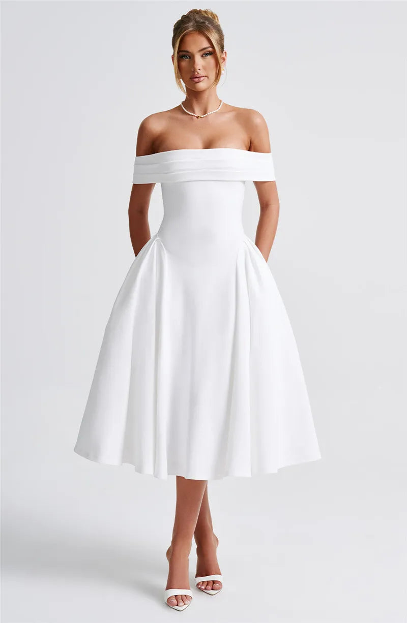 Off-Shoulder Folded Band Box Pleat Flare Midi Dress