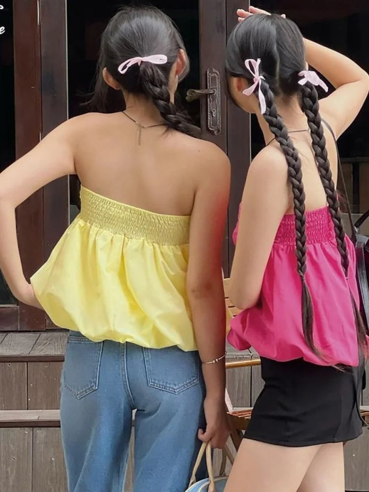 Solid Bandeau Top For Women Strapless Bra Puffy Bralette Mujer Backless Bustier Sleeveless Lenceria Femenina Ruched Y2k Tube Top