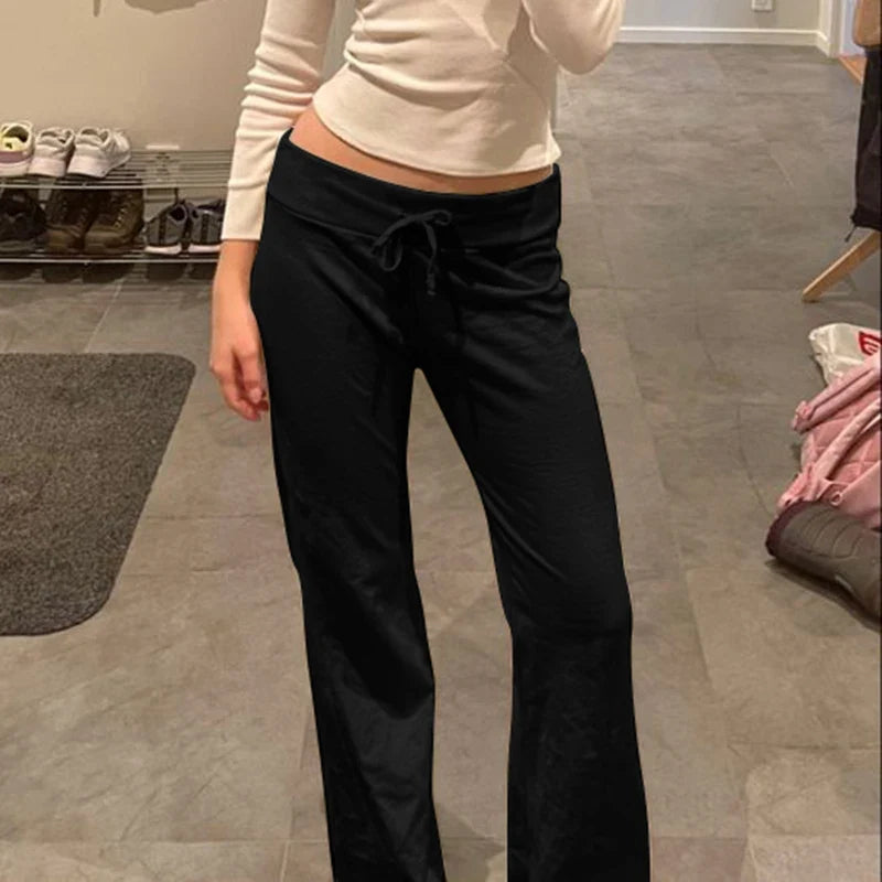 Drawstring Solid Women Slacks Turndown Waist Straight Casual Pants Concise Knitted Sweatpants All-matched Trousers Home