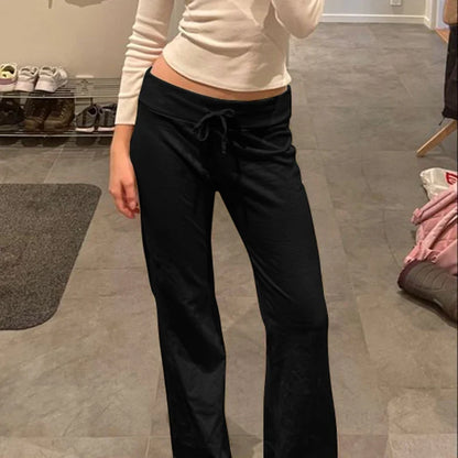 Drawstring Solid Women Slacks Turndown Waist Straight Casual Pants Concise Knitted Sweatpants All-matched Trousers Home