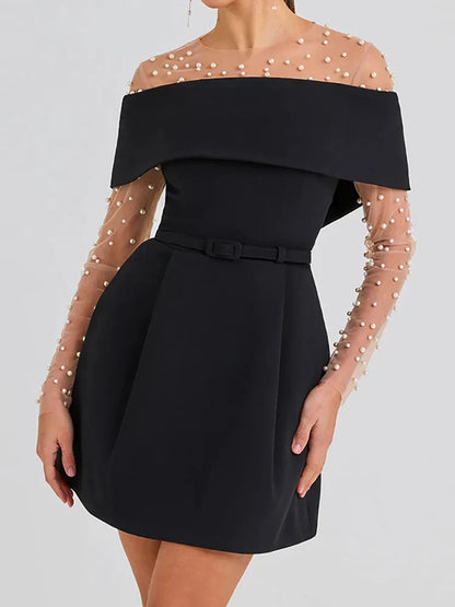 Off Shoulder Belted Fit and Flare Pocket A-Line Mini Dress