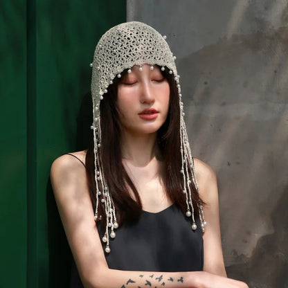 Japanese Spring Summer Handmade Crochet Knitted Hat Hollow Retro Fringed Pearl Sunscreen Hat Fashion Breathable Court Beanie Cap