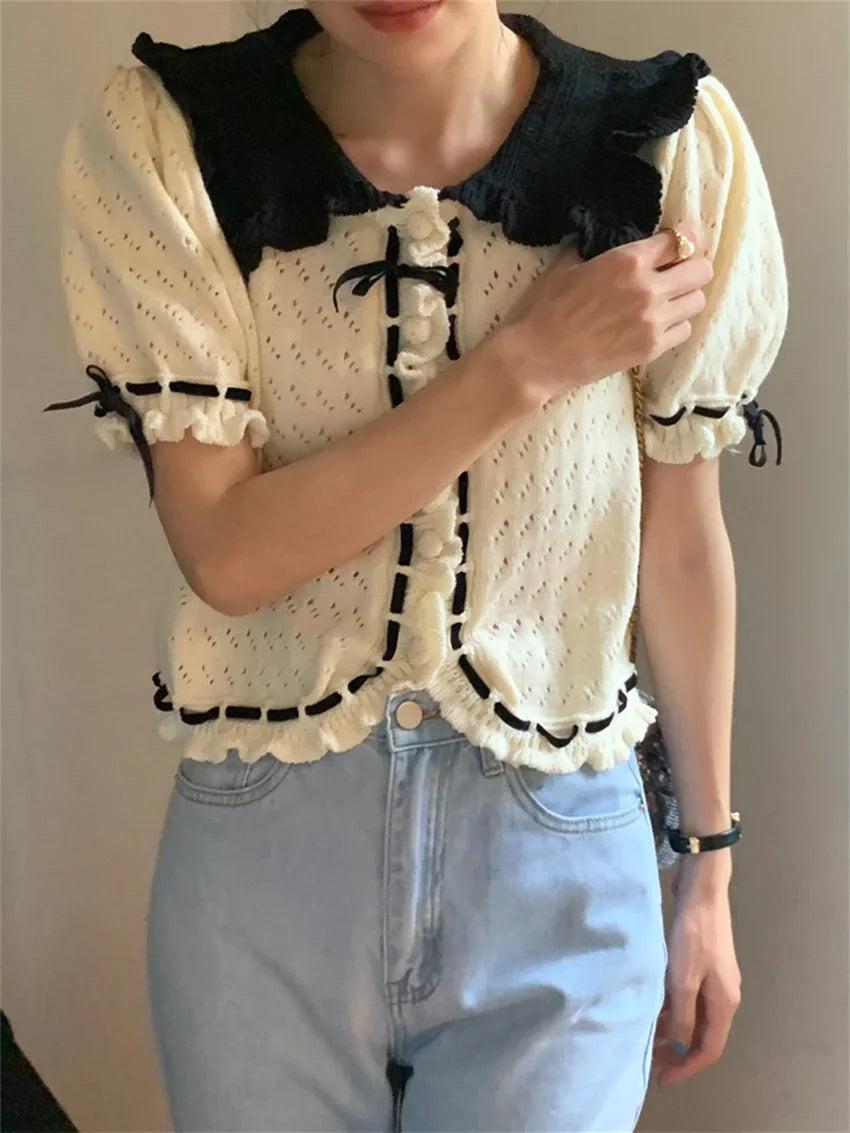 Retro Sweet Sweaters Women Elegant Chic Slim Summer New 2024 Full Sleeve Fashion Gentle Knitted Office Lady Coats