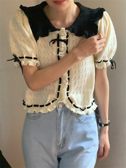 Retro Sweet Sweaters Women Elegant Chic Slim Summer New 2024 Full Sleeve Fashion Gentle Knitted Office Lady Coats
