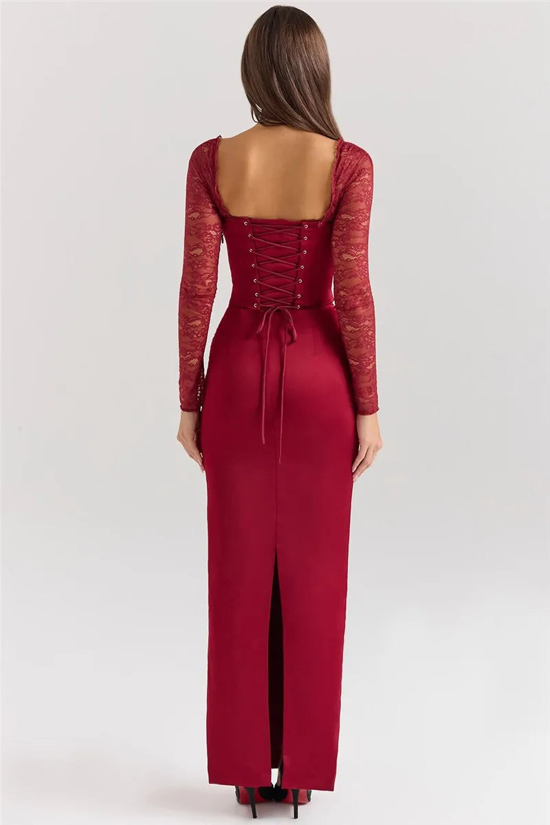 Square Neck Lace-Up Backless Long Sleeve Maxi Dress