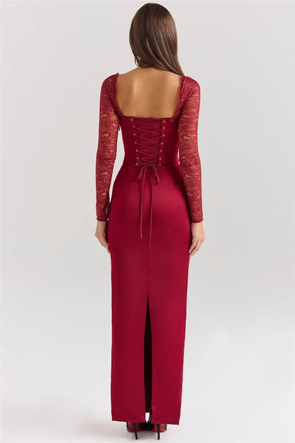 Square Neck Lace-Up Backless Long Sleeve Maxi Dress