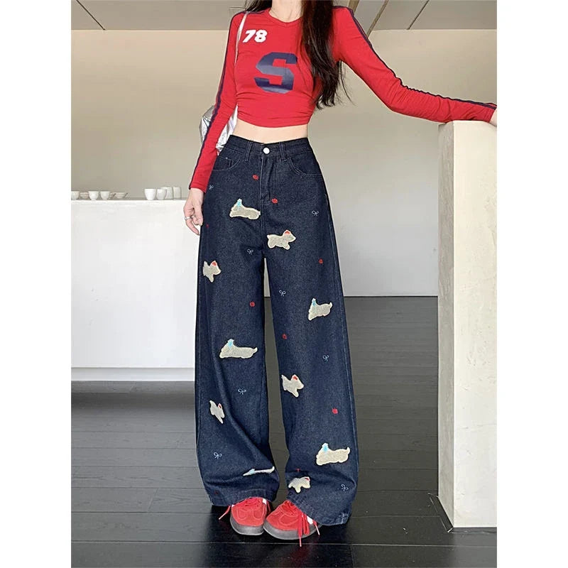 Women's Dog Embroidery Pattern Wide Leg Jeans Vintage Streetwear Cool Girl High Waist Baggy Pants Female Casual Denim Trousers