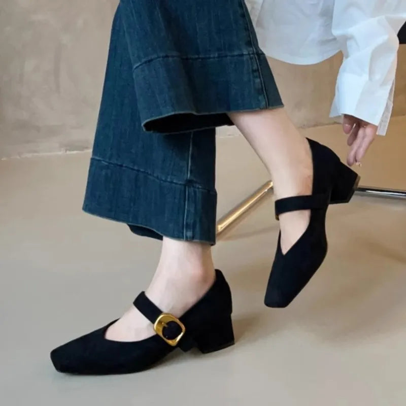 Women's Mary Janes Vintage Faux Suede Pumps Square Toe Dress Shoes Autumn Buckle Strap High Heels Ladies Shoes 1863