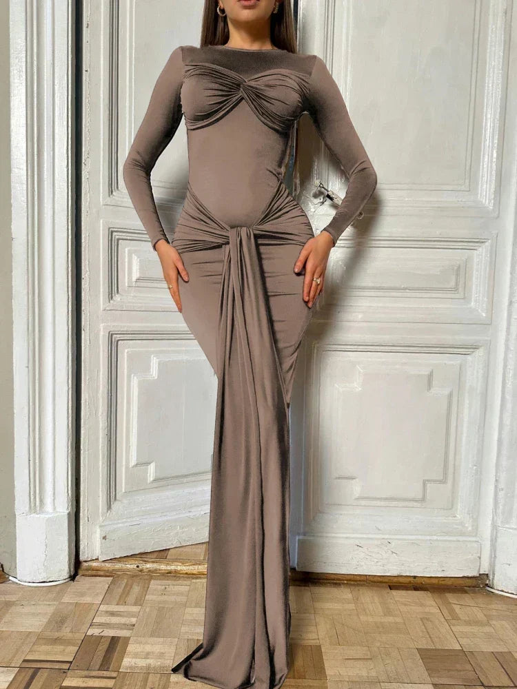 Crew Neck Long Sleeve Twist Front Ruched Waist Drape Maxi Dress