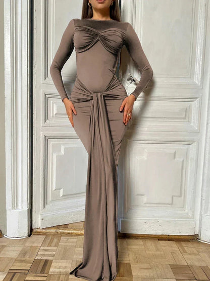 Crew Neck Long Sleeve Twist Front Ruched Waist Drape Maxi Dress