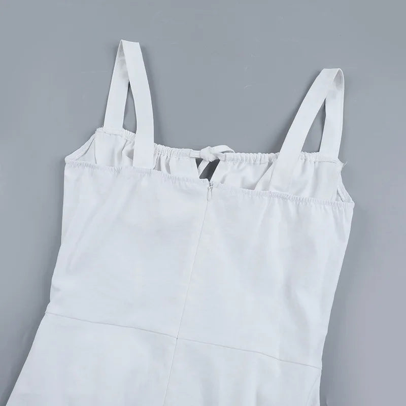 Women's Elegant White Lace-up Square Neck Spaghetti Strap Sleeveless Hollow Waist Slim A Line Long Vacation Summer Dress