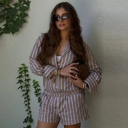 Casual Stripe Women Overalls Shorts Chic Long Sleeve Lapel Single Button Short Female Jumpsuit 2025 Summer Lady Street Romper