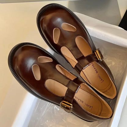 Women's genuine leather hollow-out t-strap flats oxfords British style high quality soft comfortable female moccasins shoes sale