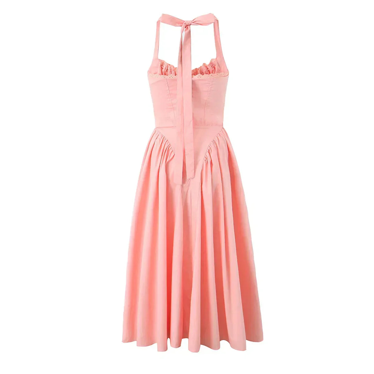 Halter Neck Lace Trim Corset Panel Pleated Fit and Flare Midi Dress
