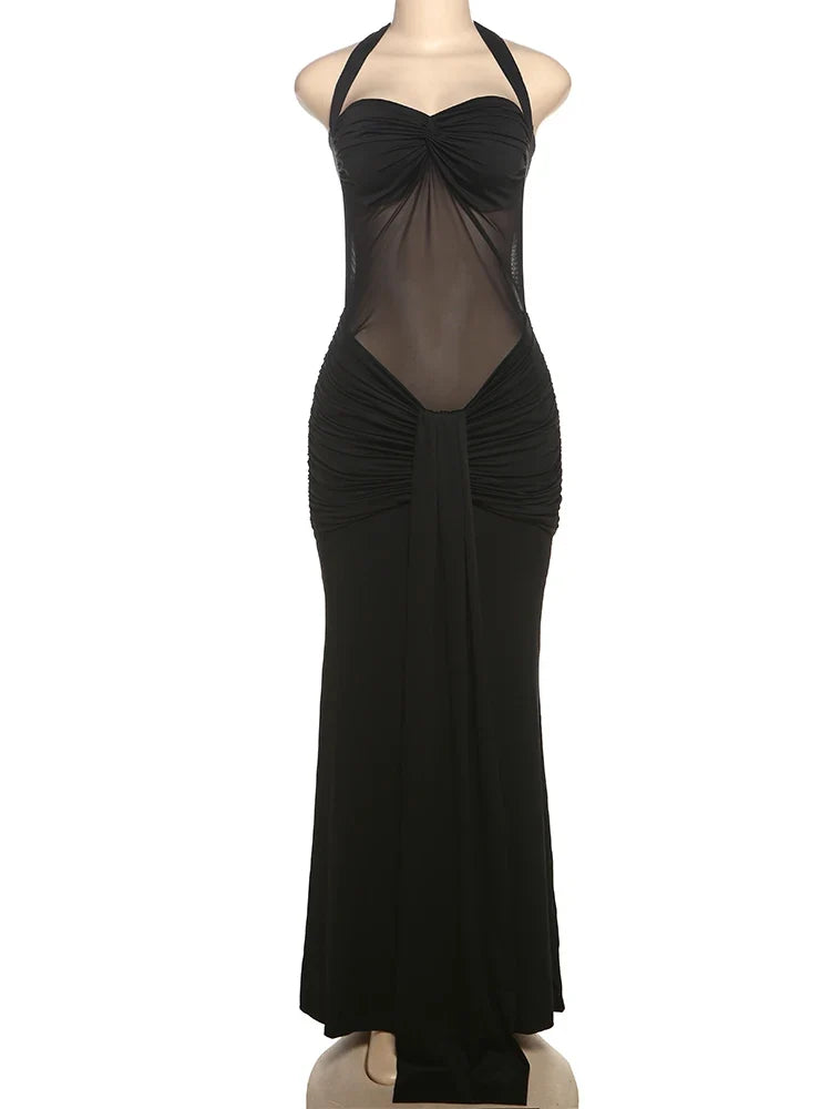 Puss Mesh Patchwork Dress Women Summer Trend Halter Off Shoulder Backless Ruched Ribbon Midnight Prom Party Hipster Dress