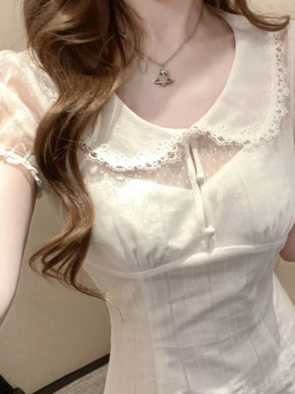 Summer French Elegant Lace Doll Collar Puff Sleeve Sheer Polka Dot Mesh Hollowout Slim Fit Two Piece Dress Women Daily Party