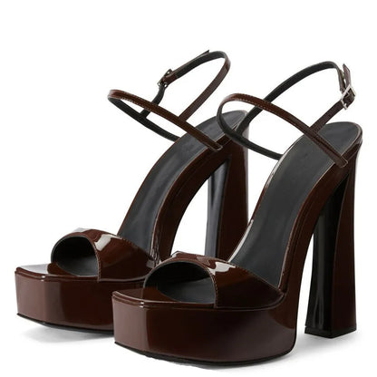 Patent Leather Thick Sole Super High Heels Women Sandals Square Toe Solid Color Ankle Strap Fashion Concise Elegant Ladies Shoes