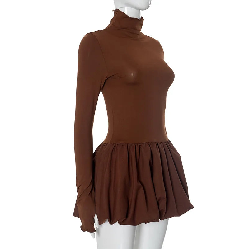Mock Neck Long Sleeve Gathered Bubble Skirt Set