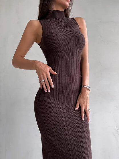 Spring Sleeveless Knitwear Turtleneck Long Dress Female Slim Elegant Fashion Autumn Ribbed Knit Dress For Women Maxi Dress