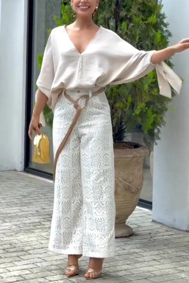 Elegant Women Pants Set Chic Loose Long Batwing Sleeve Shirt Top Wide Leg Pants Two Piece Trousers Set Lace Hollow Out Outfits