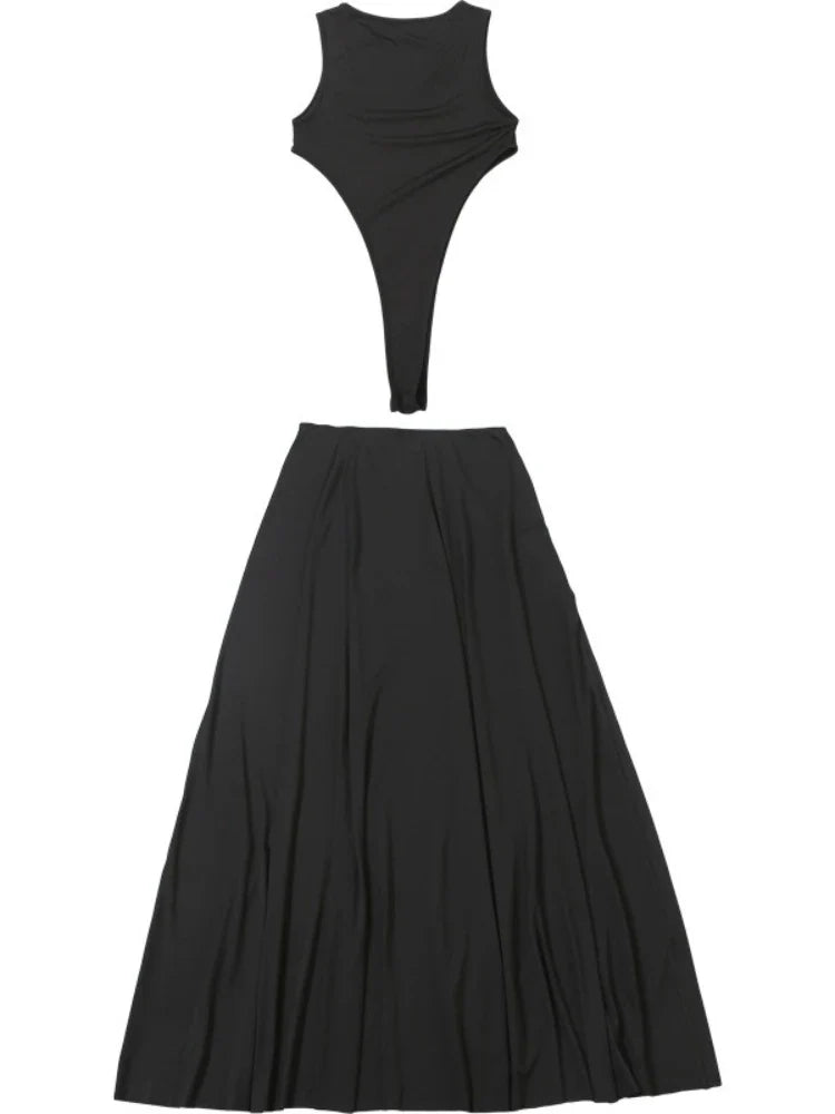 Sexy 2 Pieces Clothing Set Women Black O Neck Sleeveless Slim Bodysuit and High Slit Irregular Long Skirt Suit Y2K Outfits