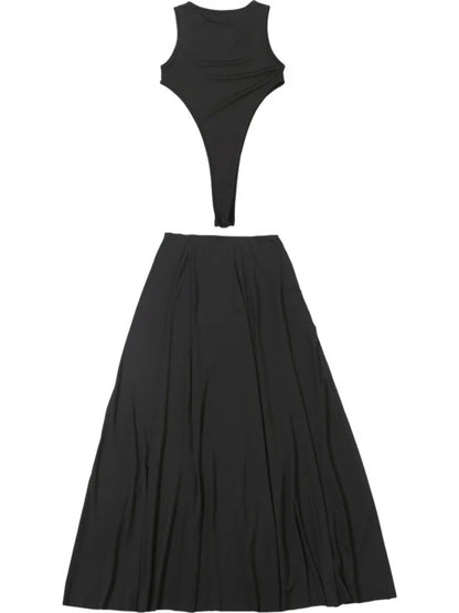 Sexy 2 Pieces Clothing Set Women Black O Neck Sleeveless Slim Bodysuit and High Slit Irregular Long Skirt Suit Y2K Outfits