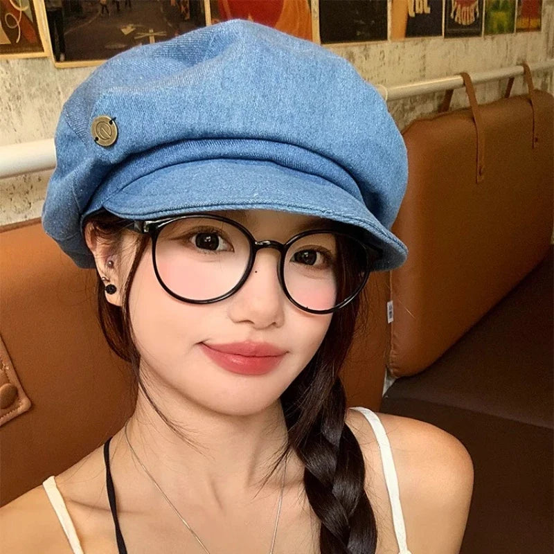 Japanese Retro Denim Berets Cap for Women Spring and Summer New Travel Casual Versatile Show Face Small Cloud Newsboy Hats