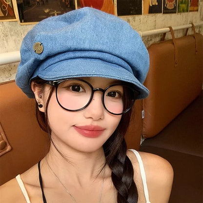 Japanese Retro Denim Berets Cap for Women Spring and Summer New Travel Casual Versatile Show Face Small Cloud Newsboy Hats